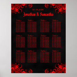 Zwarte en Rode Floral 12 Wedding Table Seating Cha Poster
