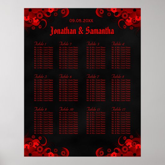 Zwarte en Rode Floral 12 Wedding Table Seating Cha Poster (Voorkant)