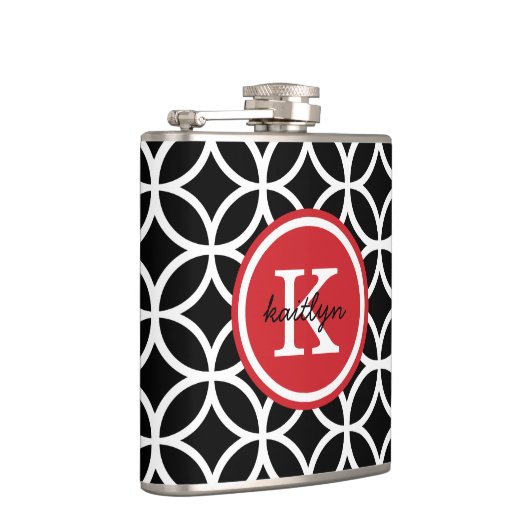 Zwarte en Rode Geometrische Diamanten Custom Monog Heupfles (Rechts)