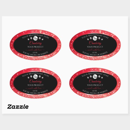Zwarte en rode glitter-productlabels Logo diamante Ovale Sticker (Vel)