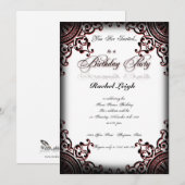 Zwarte en Rode Gothic Scroll Birthday Uitnodiging (Voorkant / Achterkant)