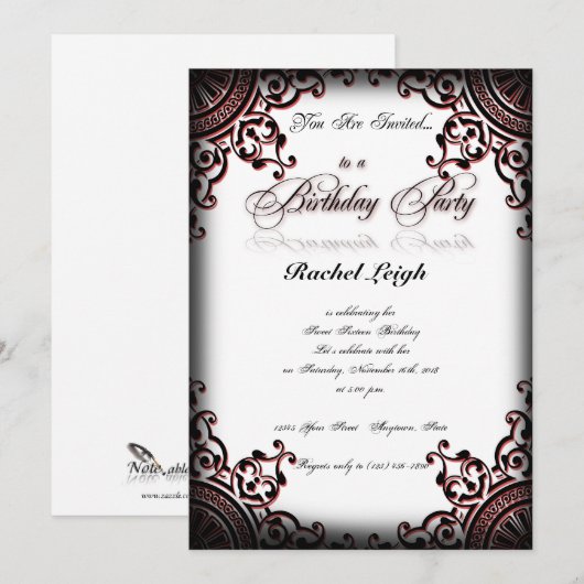 Zwarte en Rode Gothic Scroll Birthday Uitnodiging (Voorkant / Achterkant)