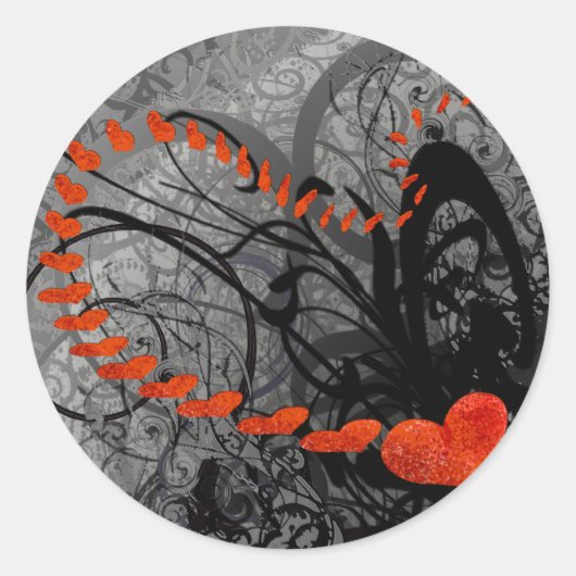 Zwarte en rode hartkrullen ronde sticker (Voorkant)
