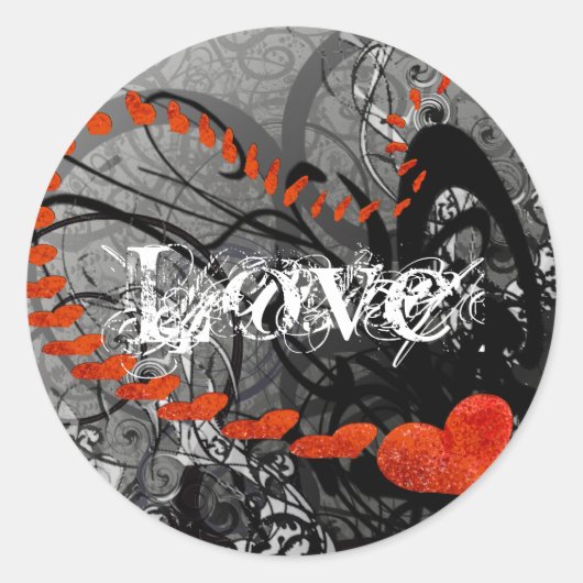 Zwarte en rode hartkrullen ronde sticker (Voorkant)