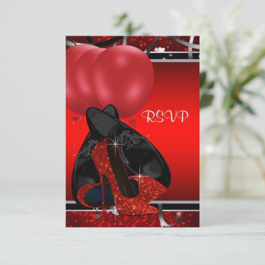 Zwarte en rode hoge hakken verjaardagsfeestje RSVP (Staand voorkant)
