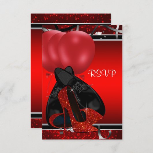 Zwarte en rode hoge hakken verjaardagsfeestje RSVP (Voorkant / Achterkant)