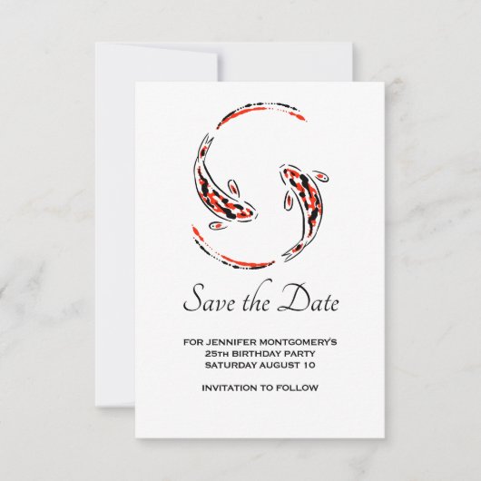 Zwarte en rode Japanse Koi vispaar Birthday Save The Date (Voorkant)