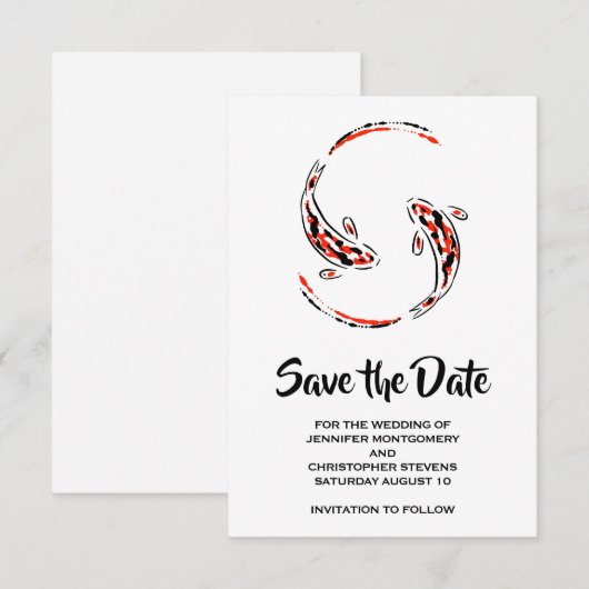 Zwarte en rode Japanse Koi vispaar Save The Date (Voorkant / Achterkant)