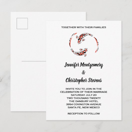 Zwarte en rode Japanse koi vispairbruiloft Uitnodiging Briefkaart (Voorkant / Achterkant)