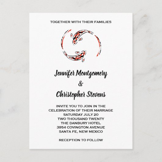 Zwarte en rode Japanse koi vispairbruiloft Uitnodiging Briefkaart (Voorkant)