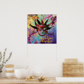 ZWARTE EN RODE JESTER MASK IN BLUE Masquerade Part Poster (Keuken)