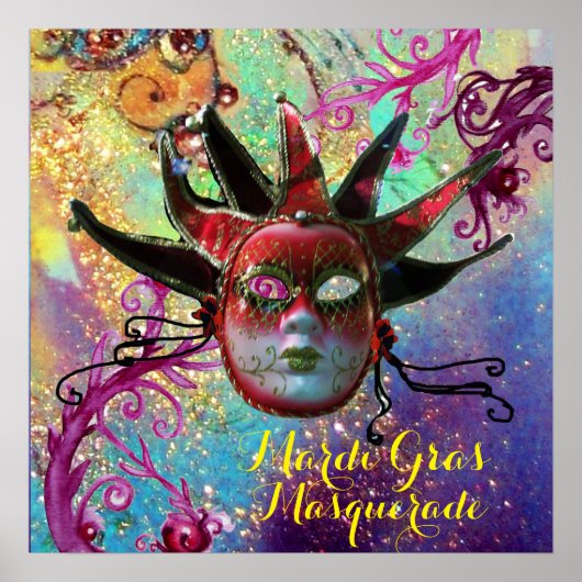 ZWARTE EN RODE JESTER MASK IN BLUE Masquerade Part Poster (Voorkant)