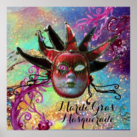 ZWARTE EN RODE JESTER MASK IN BLUE Masquerade Part Poster (Voorkant)