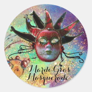 ZWARTE EN RODE JESTER MASK IN BLUE Masquerade Part Ronde Sticker
