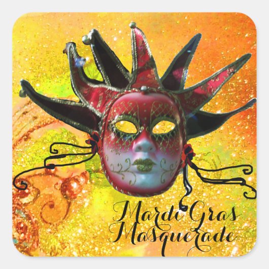 ZWARTE EN RODE JESTER MASK IN GEEL Masquerade Vierkante Sticker (Voorkant)