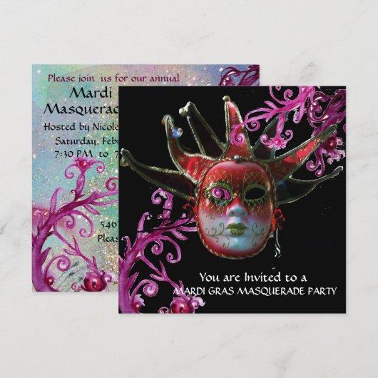 ZWARTE EN RODE JESTER MASK, Masquerade Party Black Kaart (Voorkant / Achterkant)