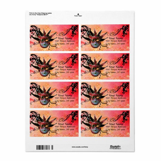 ZWARTE EN RODE JESTER MASK , Masquerade Party Etiket (Full Sheet)