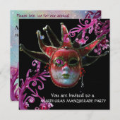 ZWARTE EN RODE JESTER MASK, Masquerade Party Gold Kaart (Voorkant / Achterkant)
