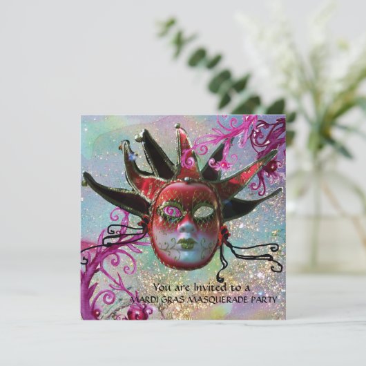 ZWARTE EN RODE JESTER MASK, Masquerade Party Gold Kaart (Staand voorkant)