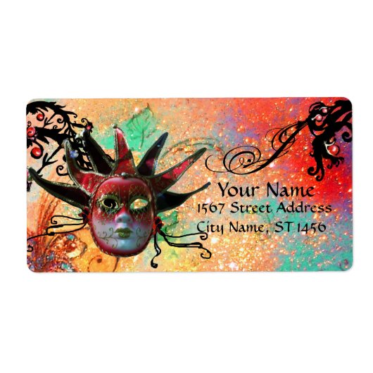 ZWARTE EN RODE JESTER MASK, Masquerade Party green Etiket (Voorkant)