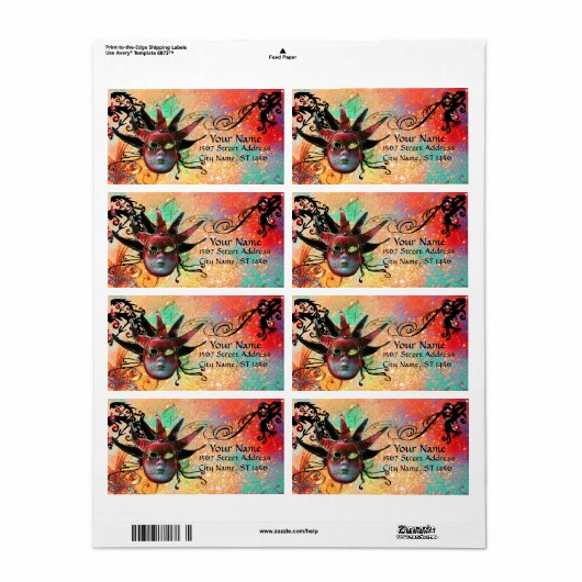 ZWARTE EN RODE JESTER MASK, Masquerade Party green Etiket (Full Sheet)