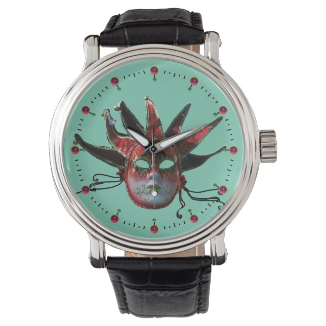 ZWARTE EN RODE JESTER MASK , Masquerade Party Horloge (Voorkant)