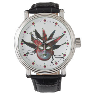 ZWARTE EN RODE JESTER MASK , Masquerade Party Horloge