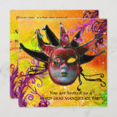 ZWARTE EN RODE JESTER MASK , Masquerade Party Kaart (Voorkant / Achterkant)