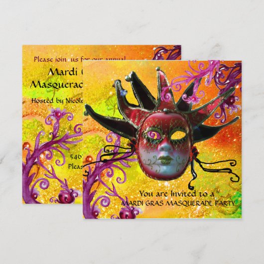 ZWARTE EN RODE JESTER MASK , Masquerade Party Kaart (Voorkant / Achterkant)