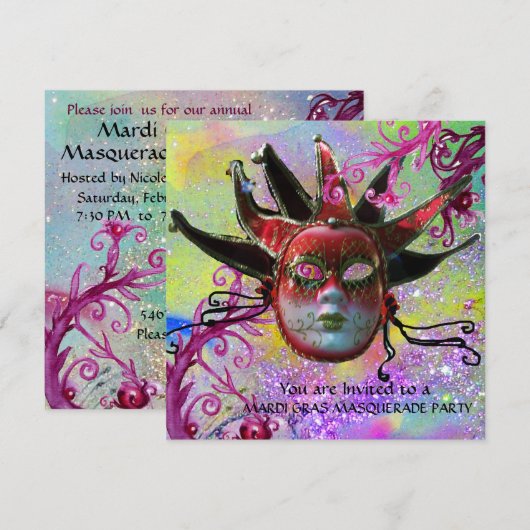 ZWARTE EN RODE JESTER MASK , Masquerade Party Kaart (Voorkant / Achterkant)