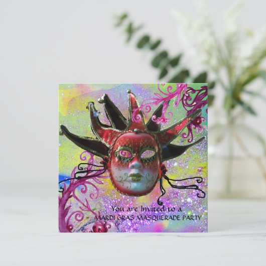 ZWARTE EN RODE JESTER MASK , Masquerade Party Kaart (Staand voorkant)