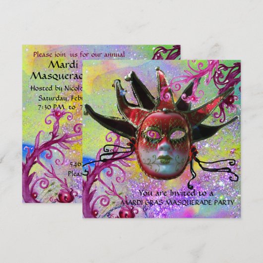 ZWARTE EN RODE JESTER MASK , Masquerade Party Kaart (Voorkant / Achterkant)