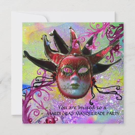 ZWARTE EN RODE JESTER MASK , Masquerade Party Kaart (Voorkant)