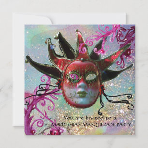 ZWARTE EN RODE JESTER MASK , Masquerade Party Kaart