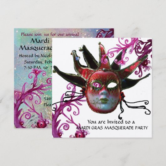 ZWARTE EN RODE JESTER MASK, Masquerade Party Silve Kaart (Voorkant / Achterkant)