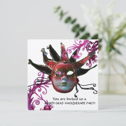 ZWARTE EN RODE JESTER MASK, Masquerade Party Silve Kaart (Staand voorkant)