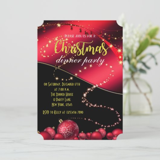 Zwarte en rode kerstdiner uitnodiging (Staand voorkant)