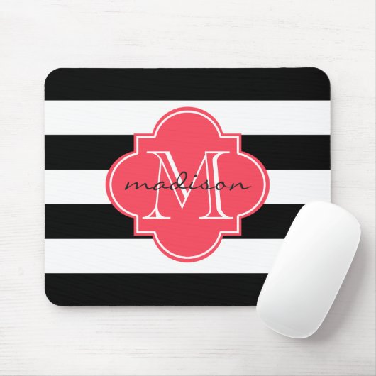 Zwarte en Rode Nautische Strepen Custom Monogram Muismat (Met muis)