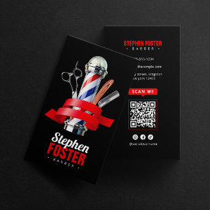Zwarte en rode paal kapperszaak QR-code Visitekaartje