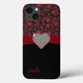 Zwarte en rode paisley met diamanthart Case-Mate iPhone case