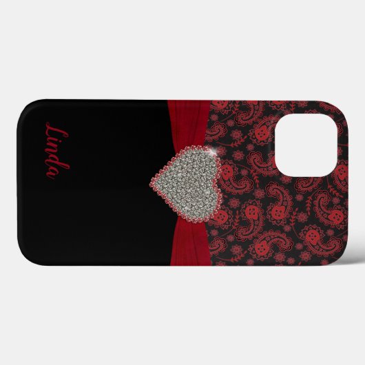 Zwarte en rode paisley met diamanthart Case-Mate iPhone case (Achterkant (horizontaal))