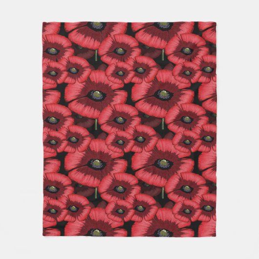 Zwarte en Rode Poppies Bloemen Fleece Deken (Voorkant)