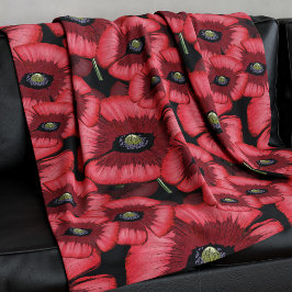 Zwarte en Rode Poppies Bloemen Fleece Deken