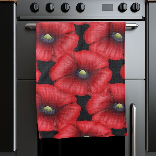 Zwarte en Rode Poppies Bloemenpatroon Keuken Handd Theedoek