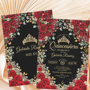 Zwarte en Rode Rozen Gouden Vlinders Quinceañera Kaart