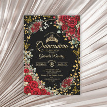 Zwarte en Rode Rozen Gouden Vlinders Quinceañera