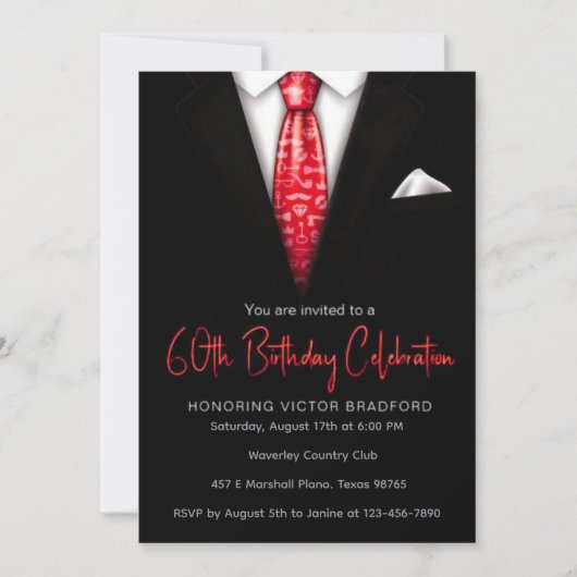 Zwarte en Rode Tuxedo Verjaardag Uitnodiging (Voorkant)