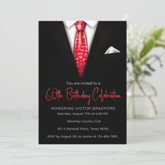 Zwarte en Rode Tuxedo Verjaardag Uitnodiging (Staand voorkant)