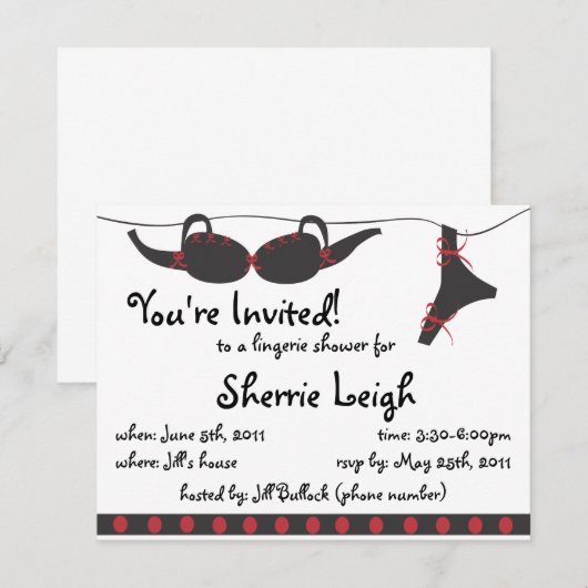 Zwarte en rode undies doucheuitnodiging kaart (Voorkant / Achterkant)