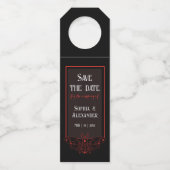 Zwarte en rode vlindergotiek Save The Date Flessenhanger (Voorkant)